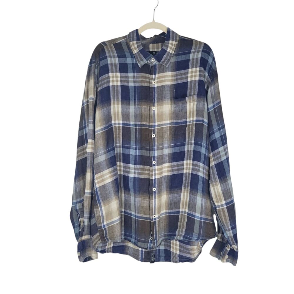 Forsyth Of Canada Linen Men’s Dress Shirt XL Blue and Brown Long Sleeve Plaid
